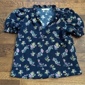 LOFT Navy Floral Blouse with Ruffle Neck and Puff Sleeves - Size Small